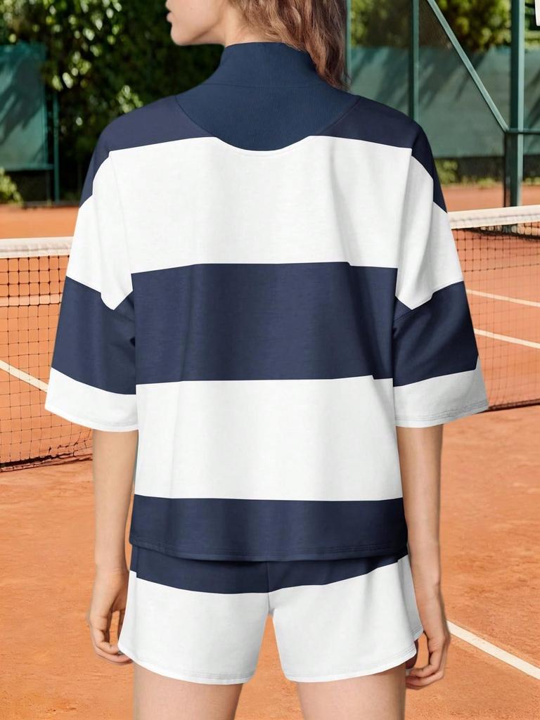 Women's Two Piece Striped Sweatshirt and Shorts Set Summer Matching Lounge Tracksuit