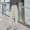 Весна-Осень бежевые эластичные узкие джинсы с высокой талией для женщин, прямые брюки-трубы длиной до щиколотки с эластичной талией для повседневной носки