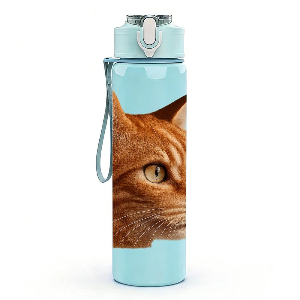 1PC Orange Tabby Cat Face 750ml Color Plastic Sports Water Bottle Leakproof Flip Straw Lid Suitable for Sports Office Home Use