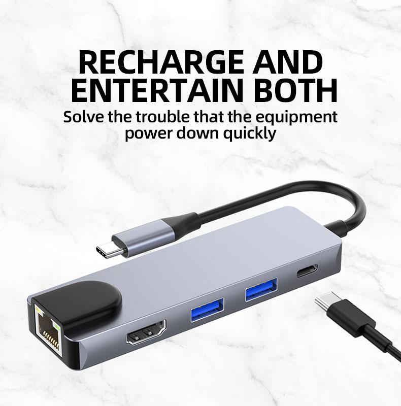 High Quality 5 in 1 USB-C hdmi Hub 5 Ports With 2USB+PD+HDMI+RJ45(1000Mbps) Converter Adapter Fast Charger Type C Hub Multiports