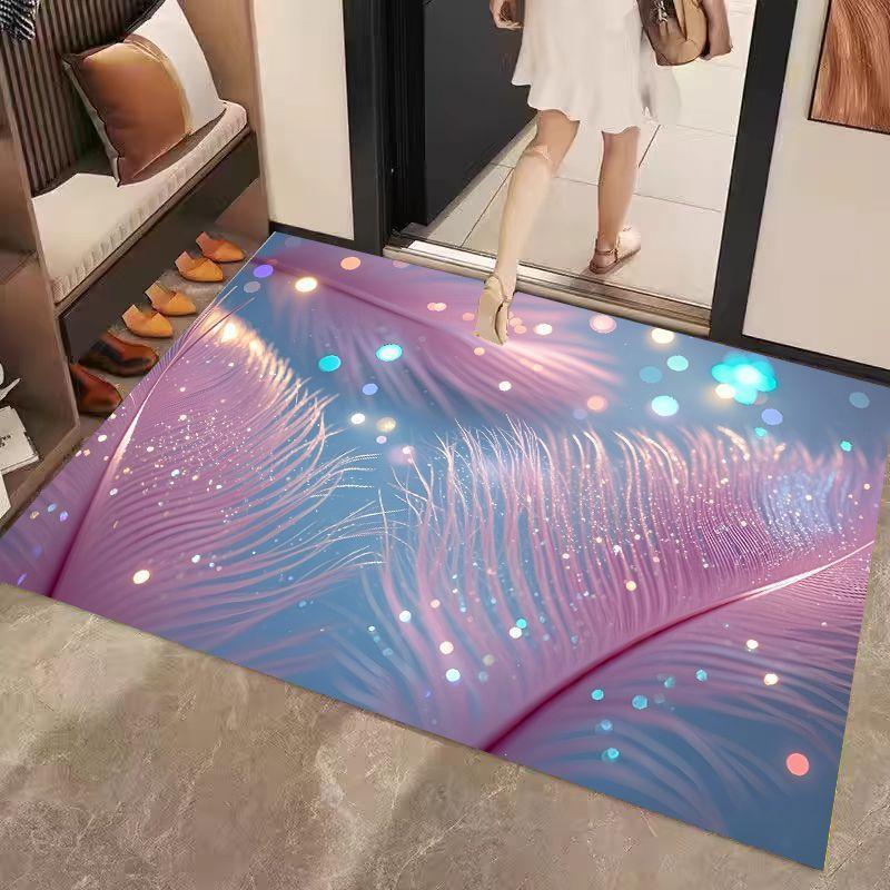 Glitter Feather Doormat Sparkle Boho Design Purple Blue Gradient Non Slip for Bedroom Entry & Festival Decor