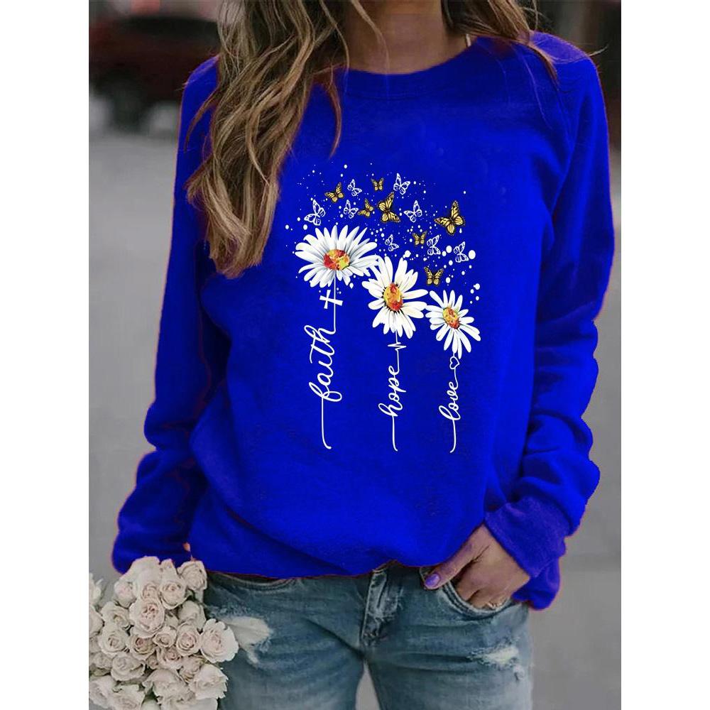 Зимние женские топы с принтом ромашки, женская Повседневная толстовка с круглым вырезом и длинными рукавами, блузка больших размеров