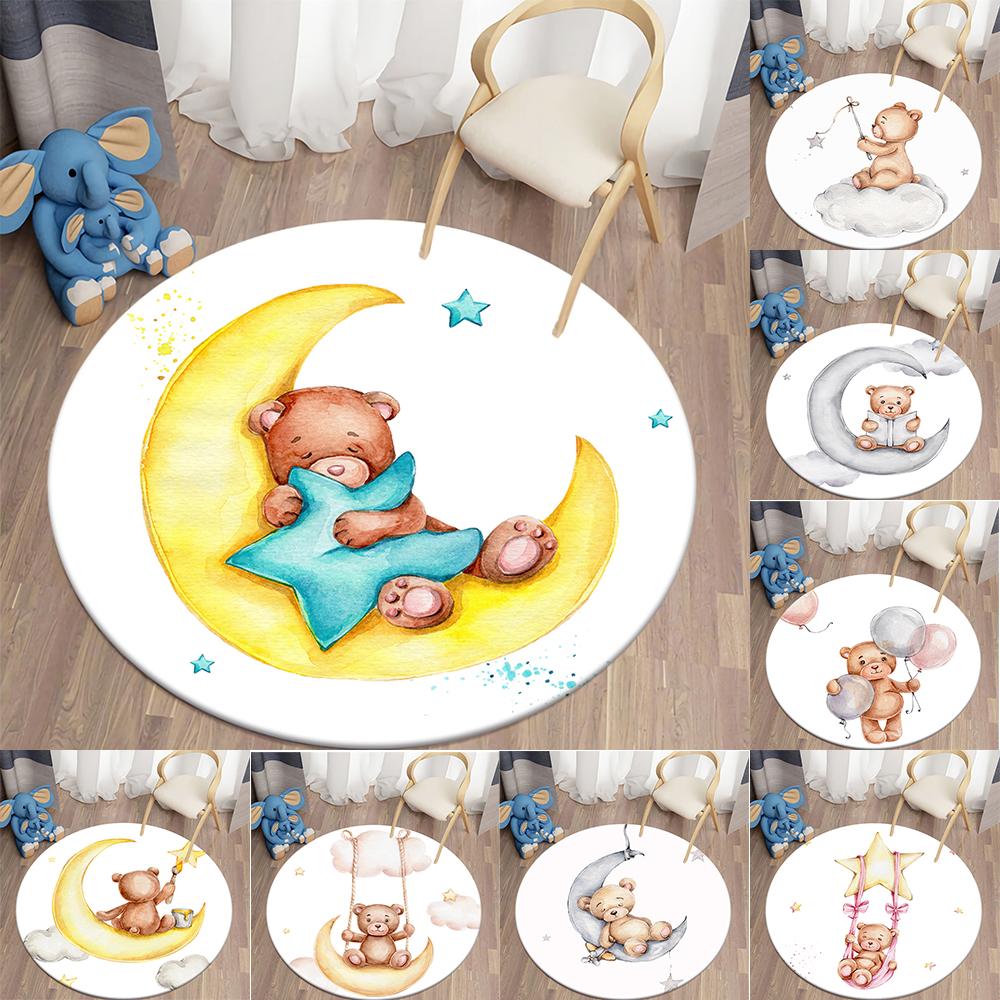 Living Room Round Carpet Floor Mat Kids Anti-Slip Mat Cartoon Bear Print Kids Carpet Kawaii Area Rug