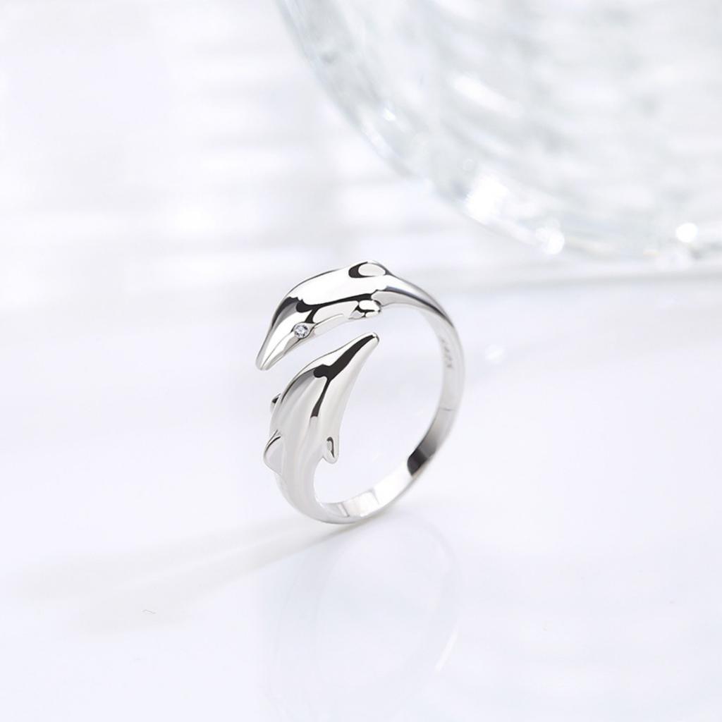 Minimalist Double Dolphin Finger Rings For Women Men Exquisite Zircon Sea Animal Fish Opening Ring Wedding Party Jewelry