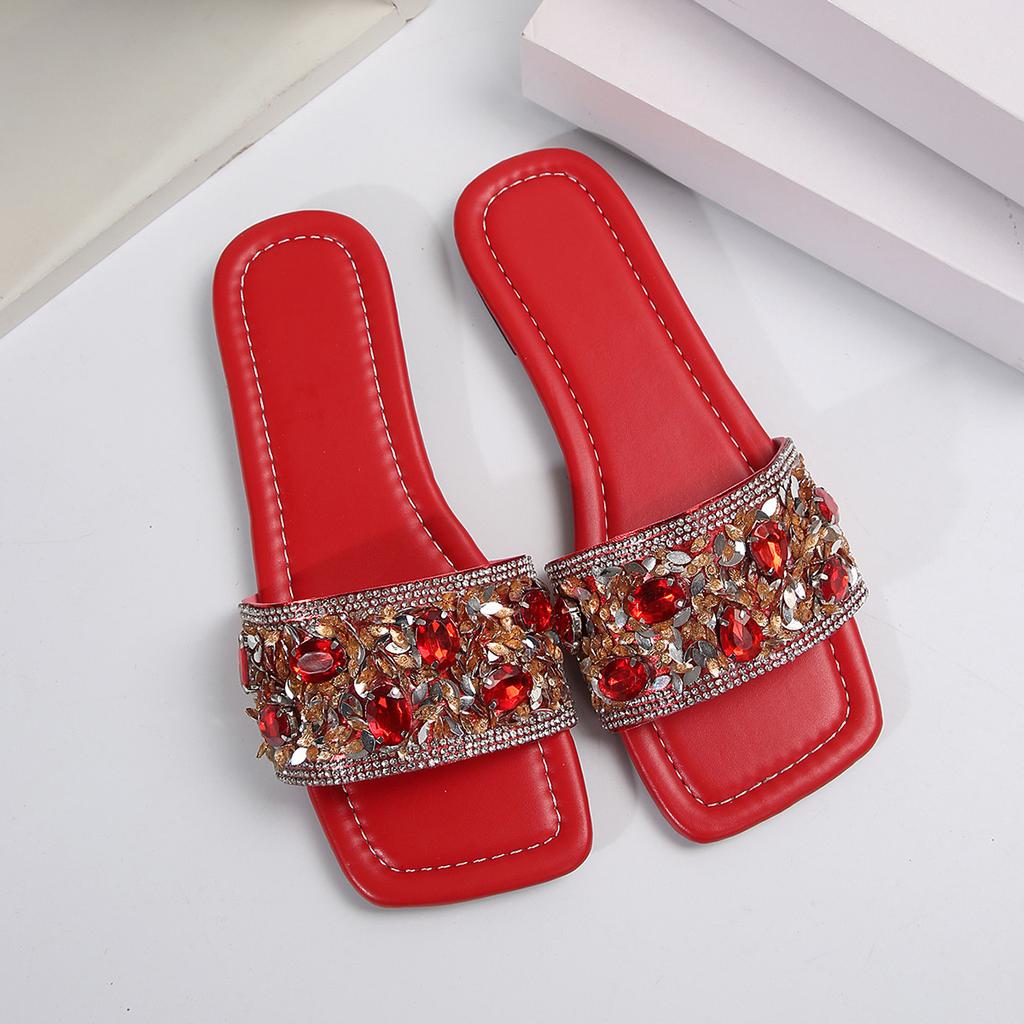 Серебряные блестящие тапочки женские летние на грубых каблуках цветные модные босоножки со стразами на плоской подошве женские туфли размер 43