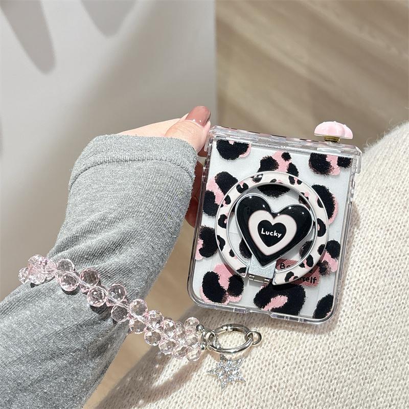 Fashion Pink Black Leopard Print Magnetic Phone Case For Samsung Galaxy Z Flip 7 6 5 ZFlip6 Cover with Stand Lanyard For Magsaf