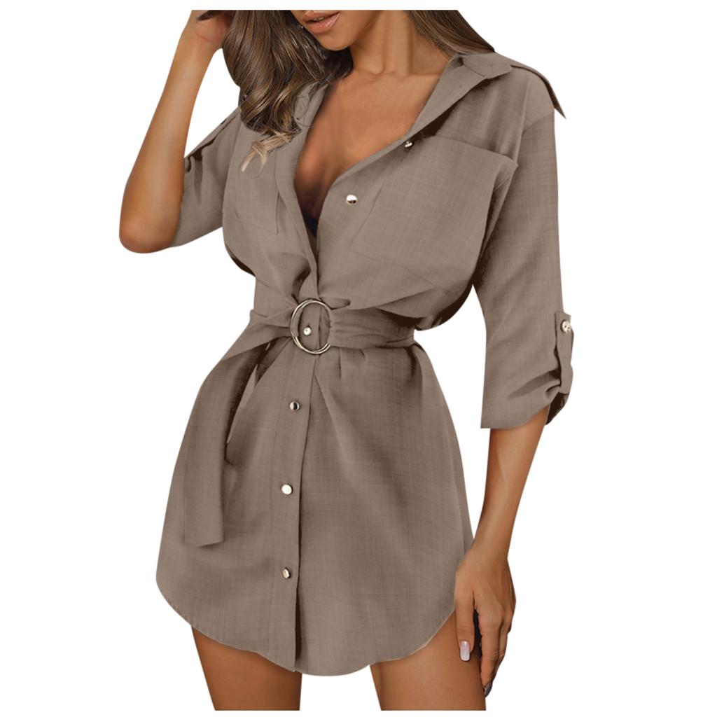 Nicki Women Autum Long Sleeve Mini Dress OL Belt Work Plain Shirt Blouse Tops
