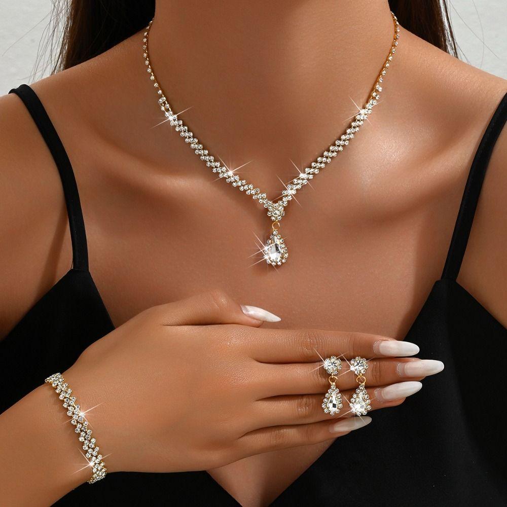 Luxury Necklace Earring Set Elegant Rhinestone Bracelet Water Drop Bridal Jewelry Set Wedding