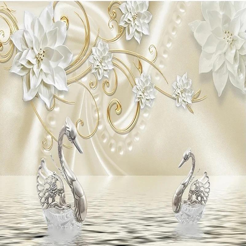 Роскошные белые рельефные цветочные фрески хрустальные лебедя 3d обои фреска гостиная ТВ фон настенные фрески декор