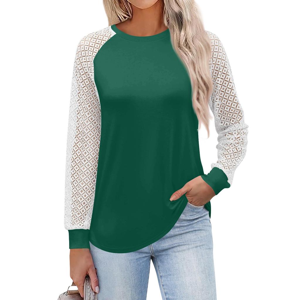 Women's  Long Sleeve  T Shirts Round Neck Lace Tops  Casual Blouses Trendy  Fashion Top