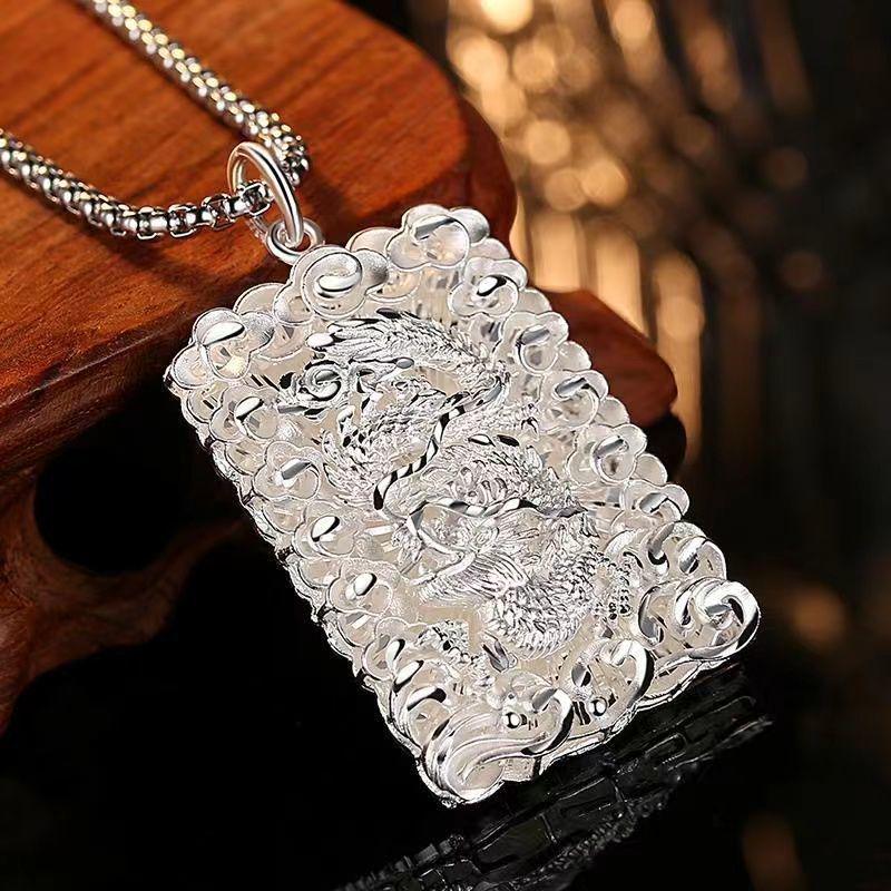 Серебряная подвеска-дракон на цепочке с китайским иероглифом Фу - Двухслойный полый дизайн