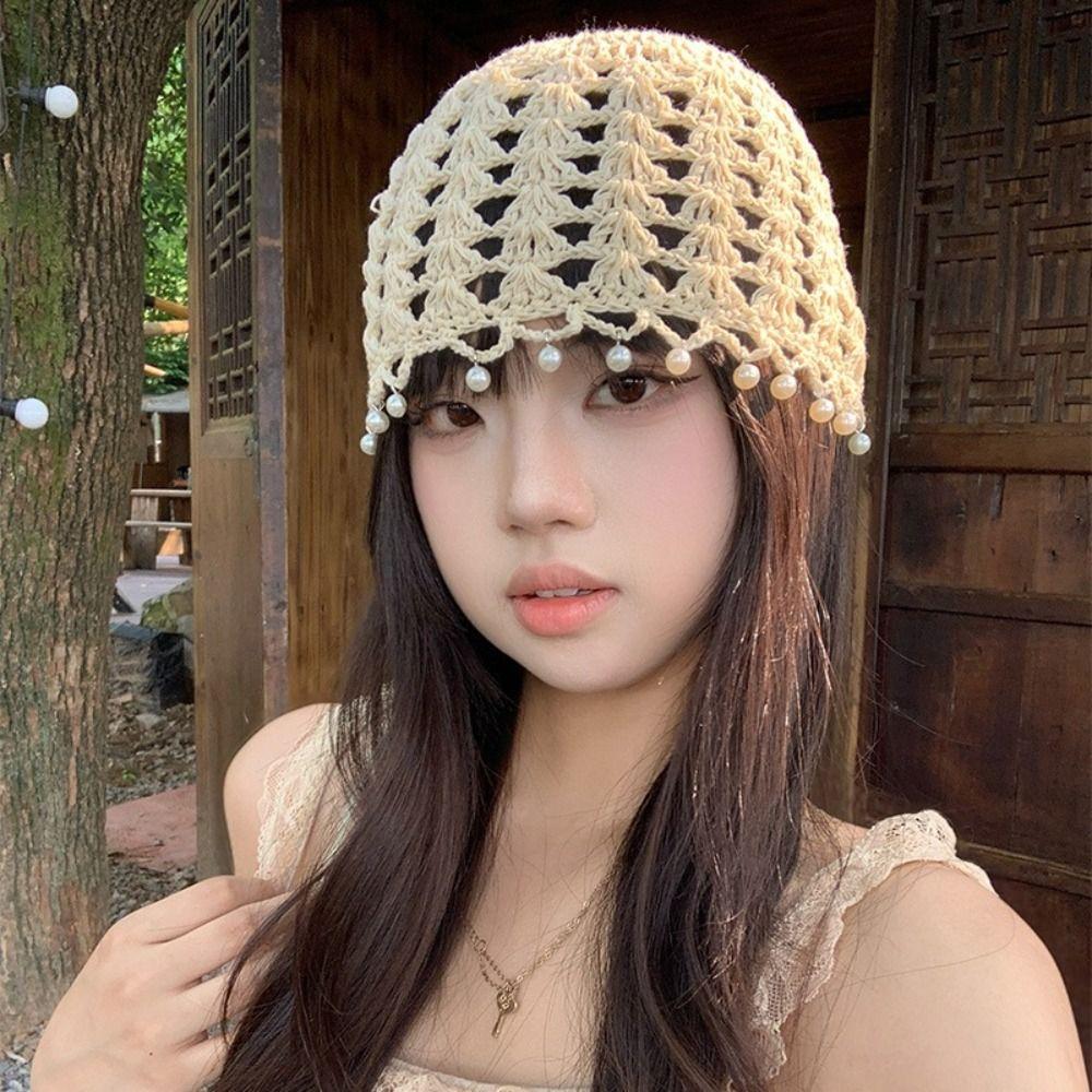Bohemian Style Crochet Hollow Knitted Hat Beads Tassels Weave Cap Retro Knit Beanies Outdoor