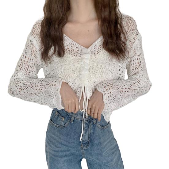 Women Cover Up Tops V-Neck Drawstring Design Long Sleeve Pullover Tops Solid Color Loose Fit Hollow Design Sunscreen Cover Up