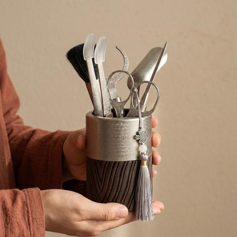 Titanium Tea Ceremony Tools Set With Ebony Wood Handle Six Piece Accessories Gourmet Brewing Office Use