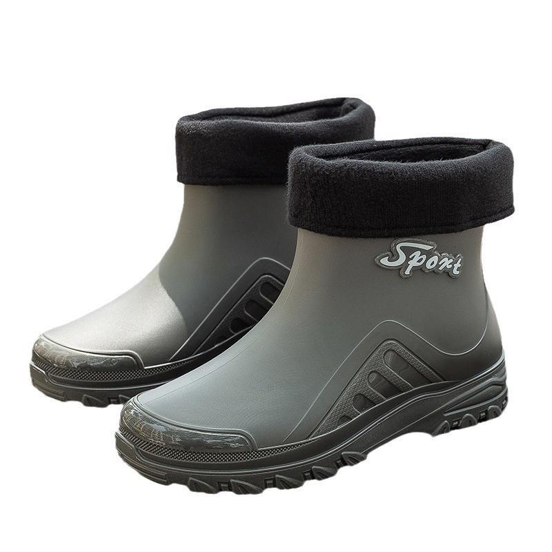 Модные дождевые ботинки мужские короткие водонепроницаемые ботинки флисовые теплые кухонные рыболовные нескользящие резиновые ботинки мода