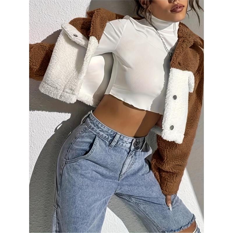 Women Patchwork Fleece Cropped Jacket, Lapel Button Teddy Coat, Warm Plush Long Sleeve Casual Outwear for Fall Winter
