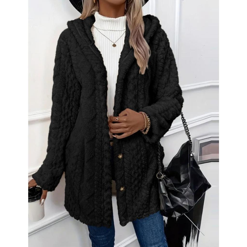 Autumn and Winter Hooded Solid Color Cardigan Button Long Sleeved Casual Fleece Jacket