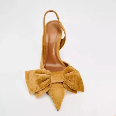 Модный дизайнер Бархатные босоножки с ремешком на пятке Женские Элегантное украшение бантом Ремешок сзади Острый носок Высокий каблук Туфли для платья Женские туфли-лодочки