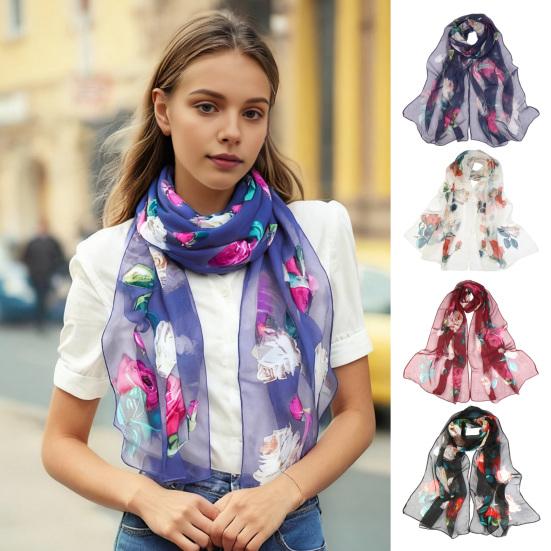 Women Faux Silk Scarf Flower Print Long Soft Scarf Sun Protection Beach Travel Outdoor Lightweight Shawl