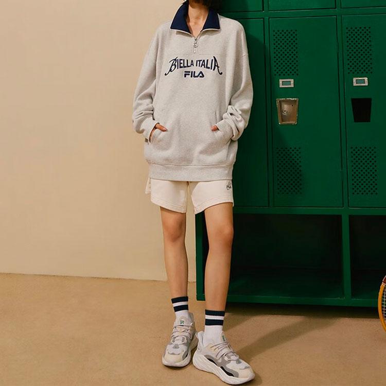 Fila Флисовый пуловер с принтом букв, унисекс, толстовки, цвет слоновой кости, меланжевый серый, F11U339201FMG