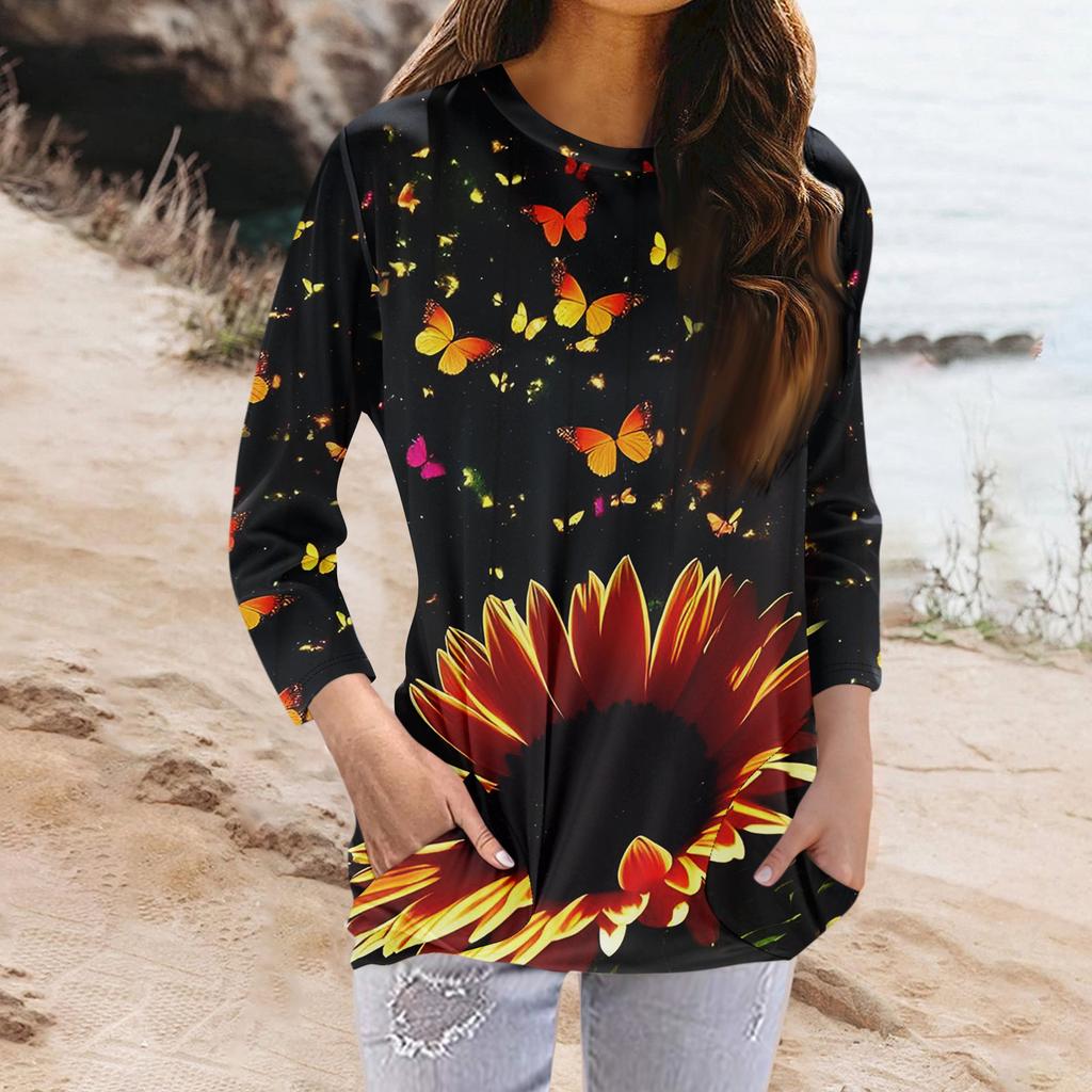 Женская модная повседневная футболка с карманом и круглым вырезом с рукавами 3/4 и топом