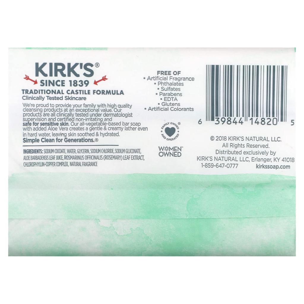 Kirk's, 100% высококачественное кокосовое масло, нежное кастильское мыло, успокаивающее алоэ вера, 3 штуки, 4 унции (113 г) Каждый