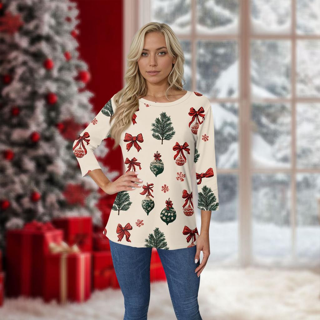 Женский топ с круглым вырезом и рукавом 3/4 с рождественским принтом