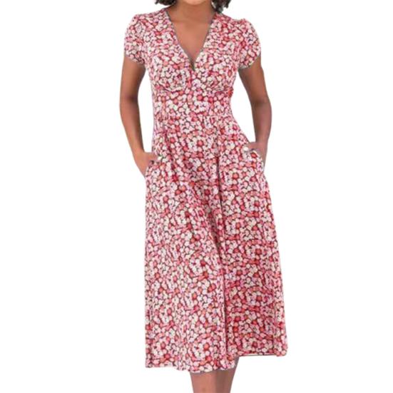 Платье миди в стиле бохо с V-образным вырезом, короткими рукавами, высокой талией, женским платьем с карманами, струящимся подолом, платье А-силуэта