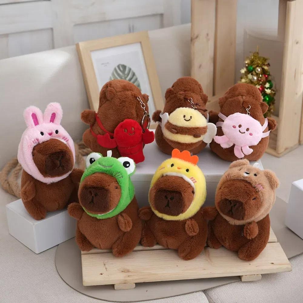 Cartoon CapIbara Keychain with Bee Rabbit Frog Bear Hat Plush Animals Toy Birthday Gift