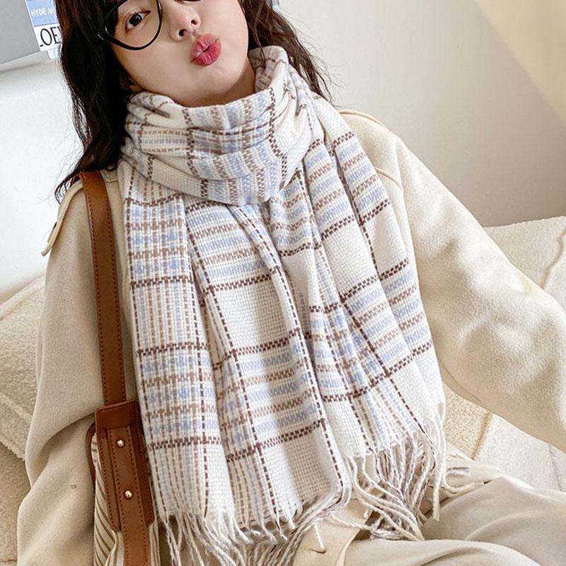 Зимний клетчатый шарф-имитация, шаль, уличный принтованный шарф средней длины, милый шарф-имитация, утолщенная теплая шаль