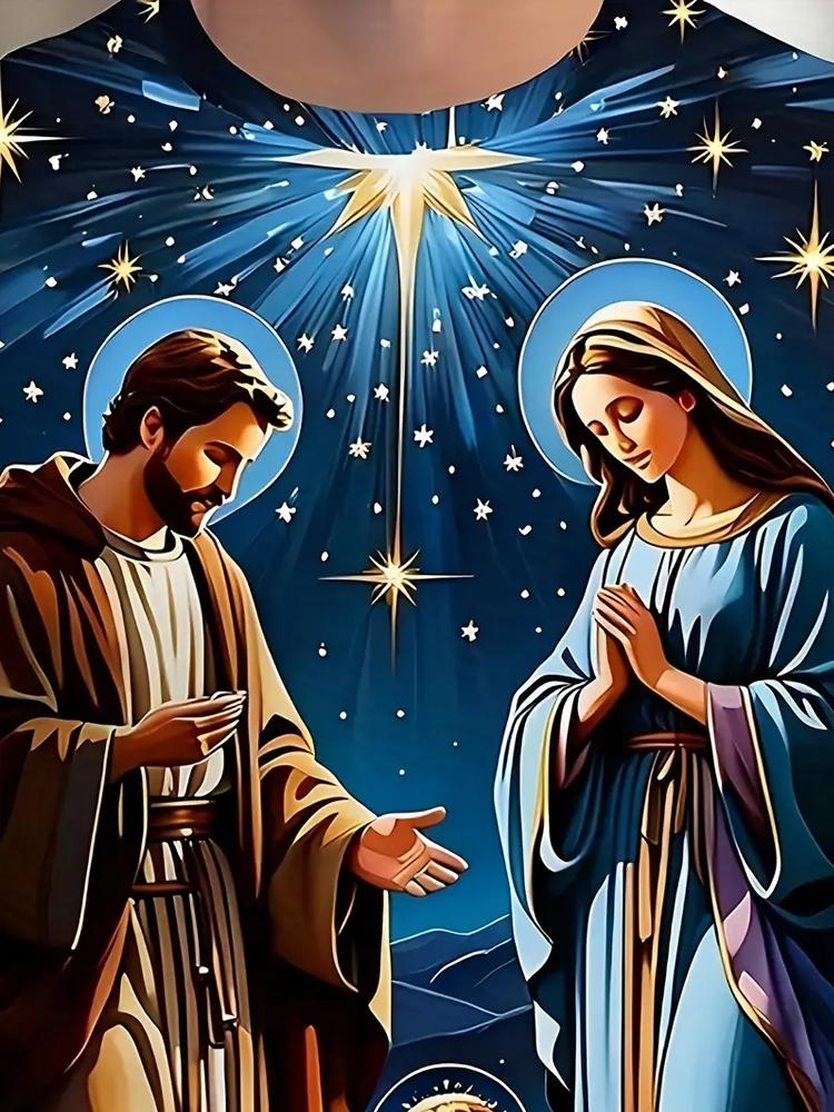 Men's 3D Print Jesus and Virgin Mary T-Shirt Casual Crew Neck Short Sleeve Tops Summer Knit Polyester