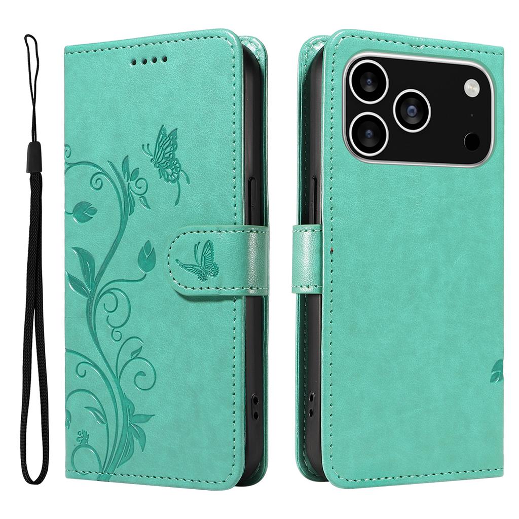 For iPhone 17 Pro PU Leather Cases Flower Pattern Wallet Stand Phone Cover with Strap