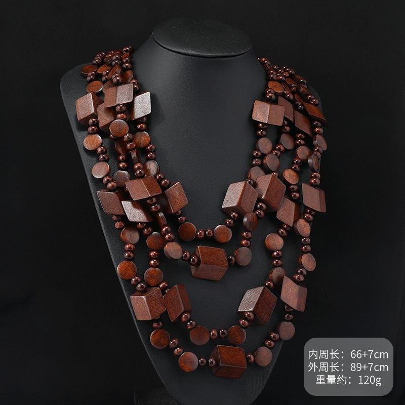 Vintage Exaggerated Wooden Necklace Maillard Vacation Women's Bohemian Long Niche Sweater Chain Earrings