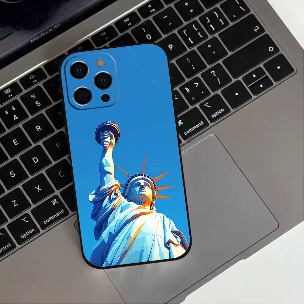 Америка США Флаг Статуя Свободы Чехол для телефона Для iPhone 17,16,15,14,13,12,11 Plus,Pro Max,XS,Мягкий силиконовый Черный чехол