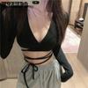 Spring Fall Ins Sexy Long Sleeve Shirts Women V-Neck Off Waist Strap Short Slim Tops Solid Color Casual Party Club Shirts