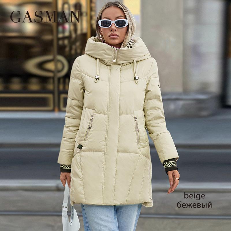GASMAN 2024 Женская длинная куртка-пуховик с классическим дизайном на молнии, большим карманом, воротником-стойкой, капюшоном, приталенное пальто, женские парки GM-83325