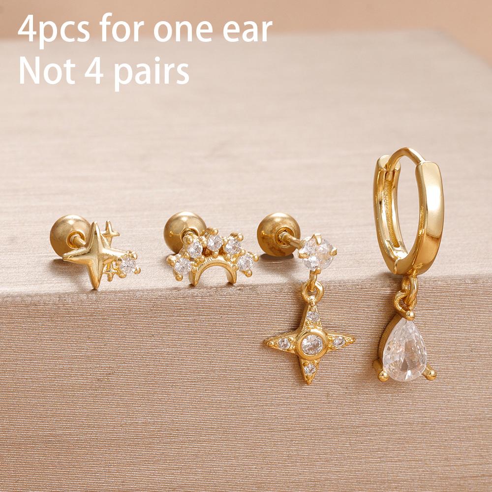 4PCS Fashion Star Moon Stainless Steel Zircon Stud Earrings Set For Women 114K Gold Plated Earring Classic Huggie Daily Jewelry