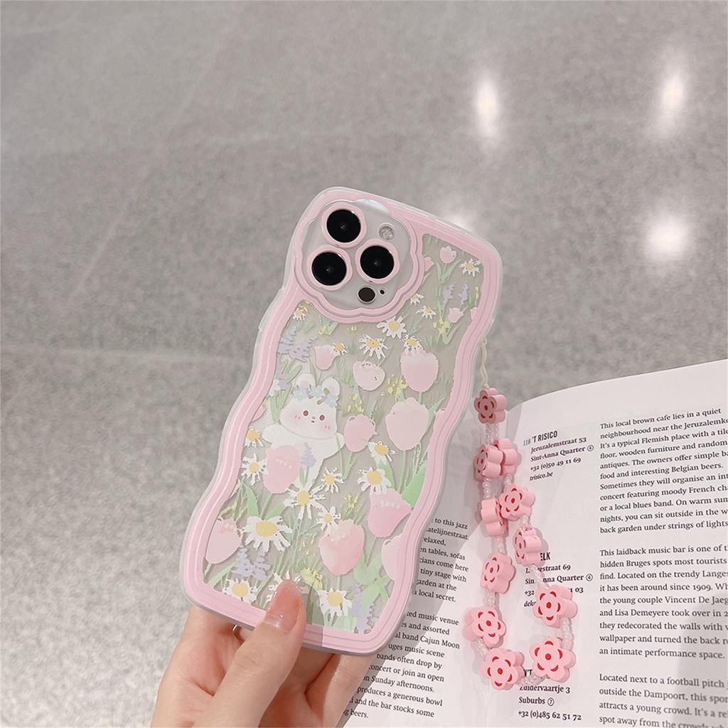Cute Pink Flower Rabbit Wave Phone Case With Beacelet For Iphone 13 12 11 Pro Xs Max X Xr 7 8 Plus Kawaii Cover Funda