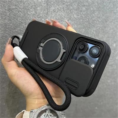 Чехол Armor Magnetic Bracket для iPhone 16 14 13 12 11 15 Pro Max Plus с защитой камеры на шнурке и выдвижным чехлом, противоударный чехол