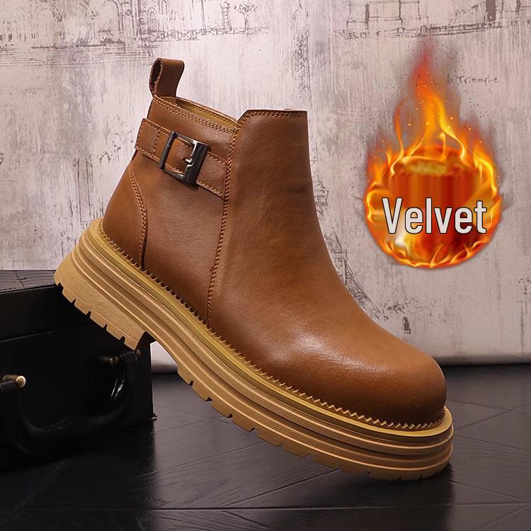Men's Chelsea Leather Slip-On Boots - High-Top, British Style, with Inner Height Increase and Martin Boot Warmth.