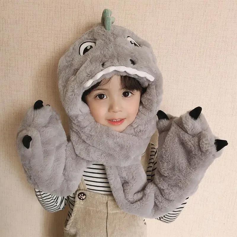 Hot Winter Children Warm One-piece Hat Boys Girls Winter Cartoon Dinosaur Plush Scarf One-piece Set Children Padded Cartoon Hat