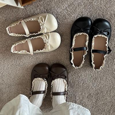 Мода 2025 Дышащие кожаные балетки на плоской подошве Кружевные с оборками и бантом Повседневная обувь для женщин на мягкой подошве Мэри Джейн Милая обувь для девочек