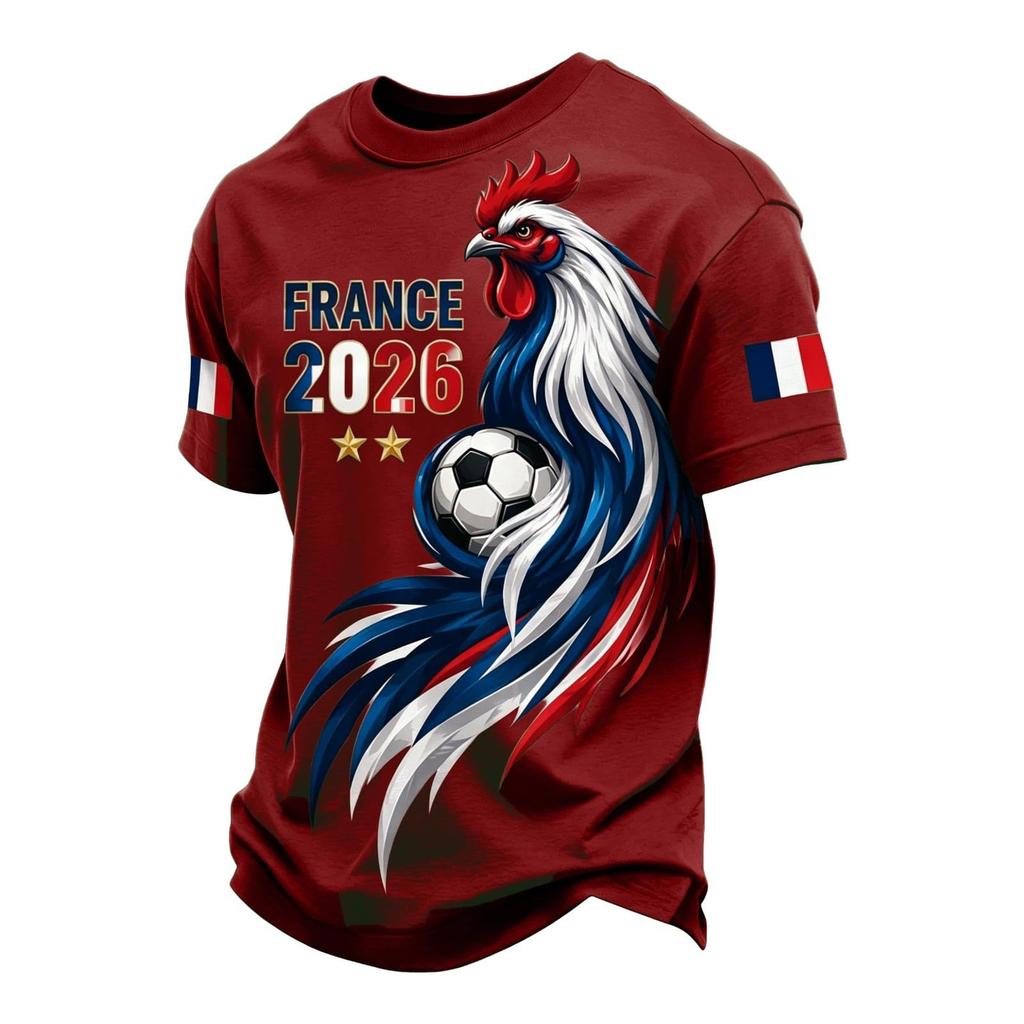Мужская классическая футболка с круглым вырезом, коротким рукавом и принтом с изображением футбольной сборной Франции. Мягкая, удобная посадка, повседневная одежда.
