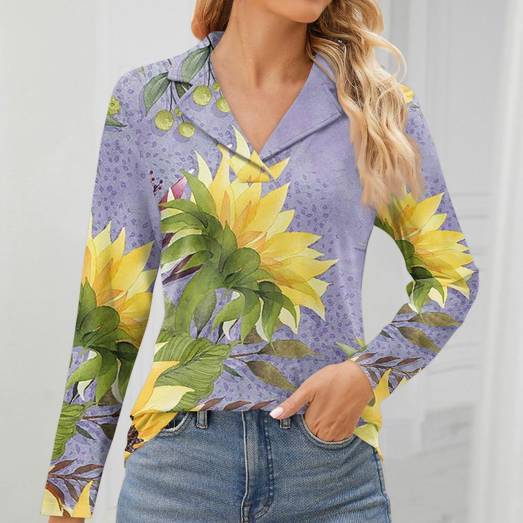 Женская мода для отдыха с длинным рукавом и V-образным вырезом с цветочным принтом