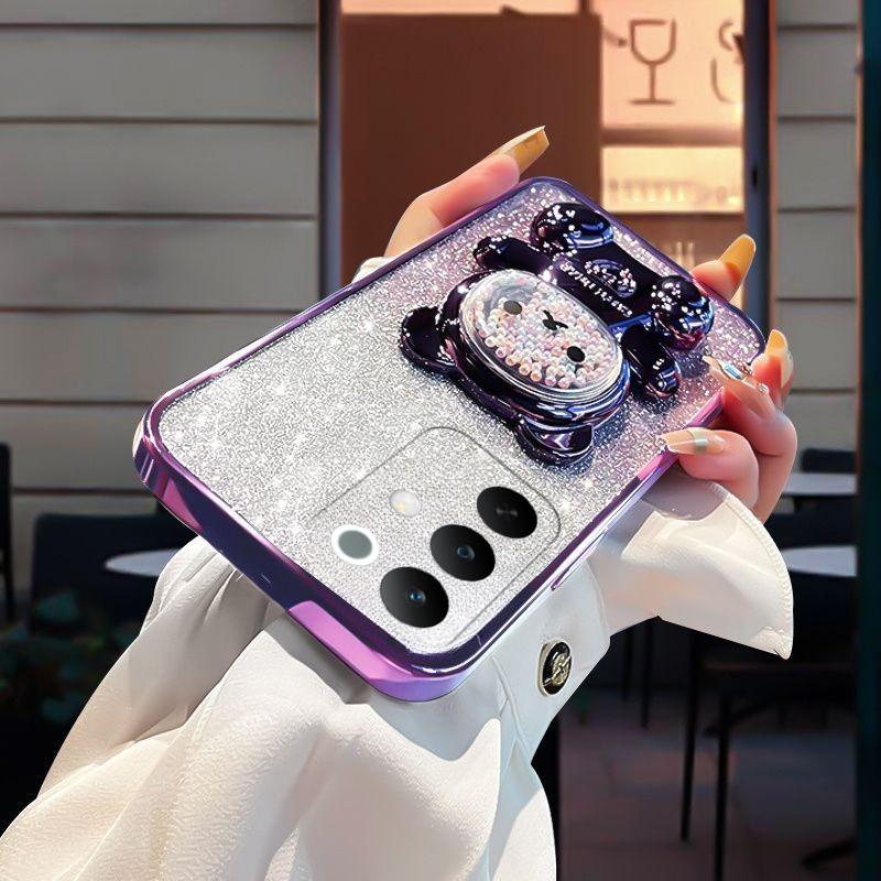 Чехол для Realme C85 Pro с градиентом, 3D-медведь, складная подставка-кронштейн, роскошный, тонкий, с покрытием, блестящий, для девочек, задняя крышка для Realme C85