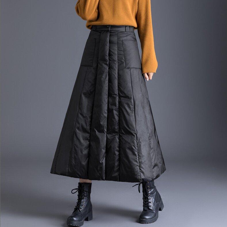 Черный пуховый хлопок подкладка большого размера Высокая талия винтаж осень зима повседневная свободная длинная для женщин юбки женская юбка