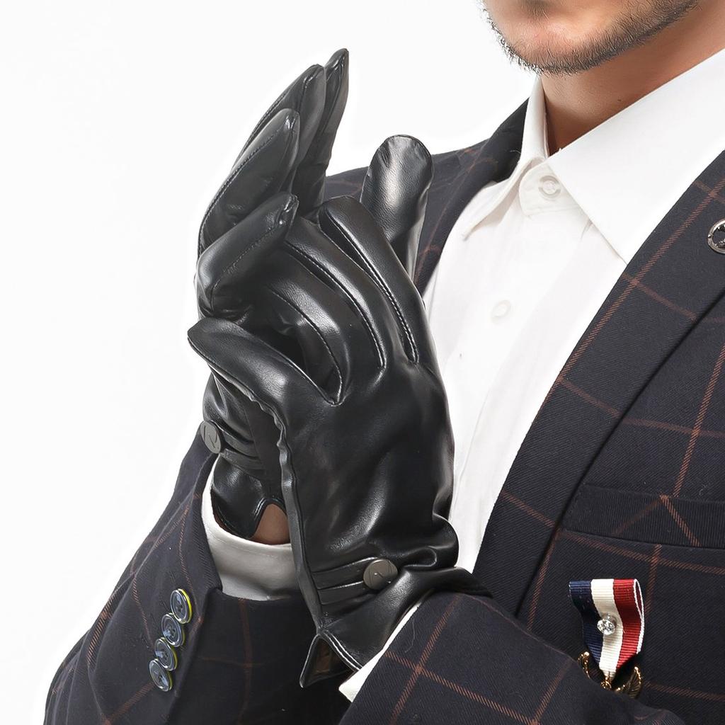 Nappaglo Genuine Sheepskin Leather Smartphone Driving Gloves with Long Fleece Lining Smartphone Men's Gloves, Compatible, Handmade, (Size M, Black,