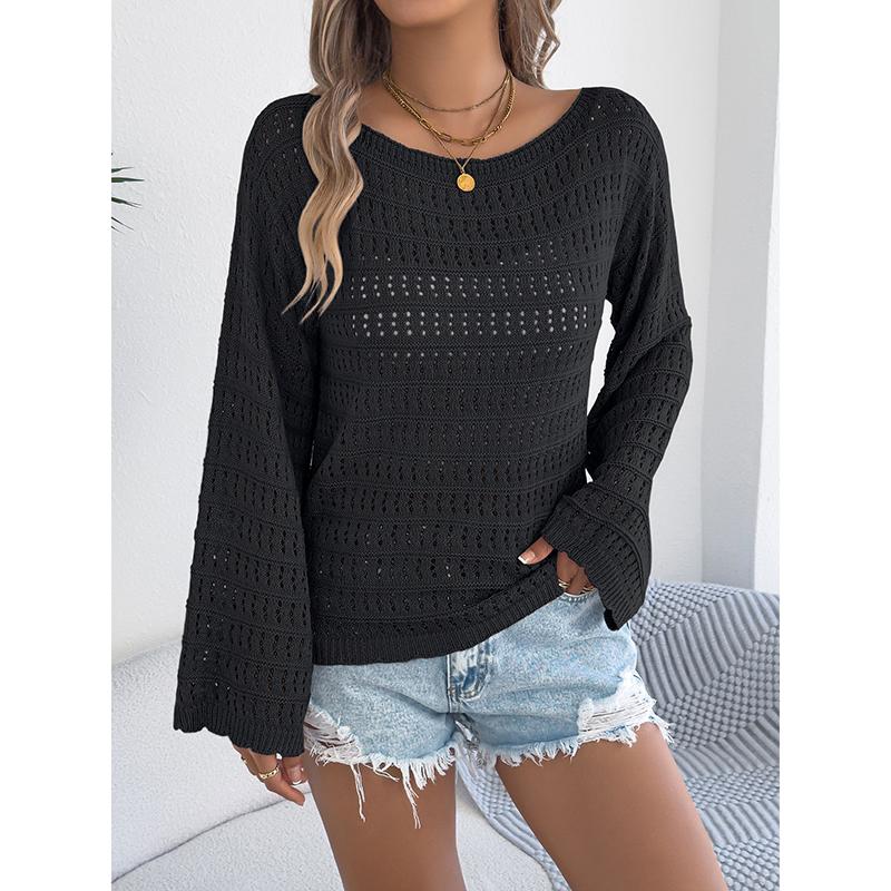 Sexy Off Shoulder Knit Tops For Women Loose Slash Neck Hollow Out Long Sleeved Knit Sweater Casual Loose Feminina