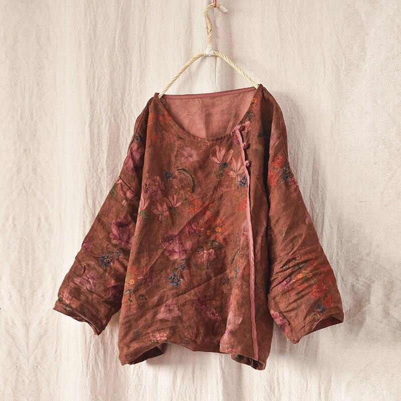 Johnature Women Vintage Button Coats O-neck Long Sleeve Print Floral Loose Clothes Autumn Cotton Linen Casual Coat