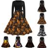 Halloween Print Flare Dress For Women Long Sleeve Dress Hollow Party Casual Dresses